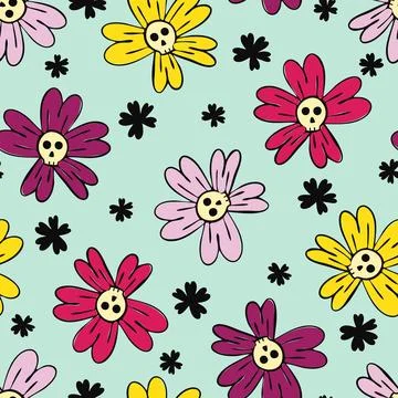 Spooky skull flowers vector seamless pattern Stock Illustration