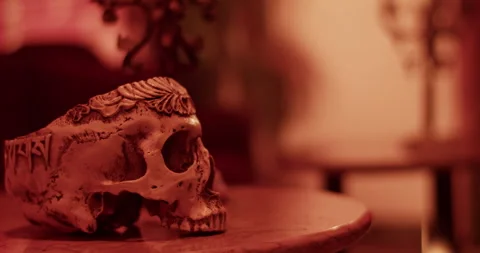 Spooky skull on table in dark room during Day of the Dead Stock Footage 260558957