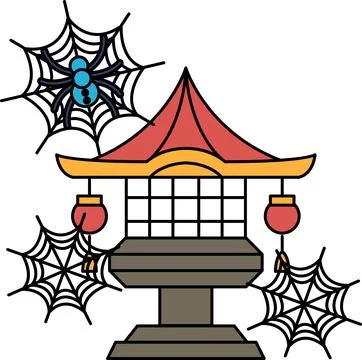 Spooky spider webs frame an eerie temple lantern Stock Illustration