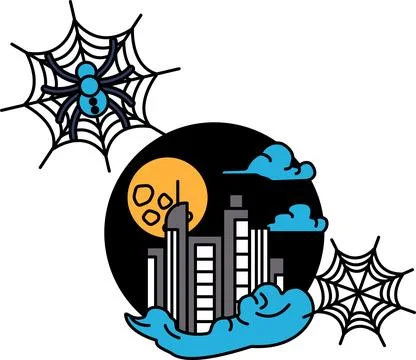 Spooky spiderwebs float above a moonlit cityscape Stock Illustration
