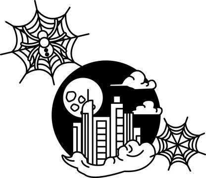 Spooky spiderwebs float above a moonlit cityscape Stock Illustration