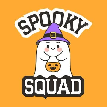 Spooky Squad Halloween Ghost with Witch Hat and Pumpkin Vector Stock Illustration