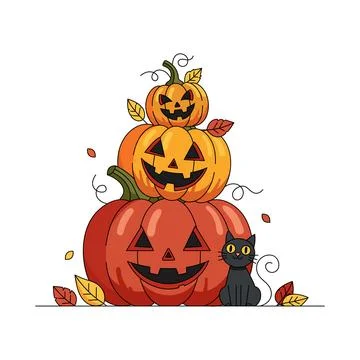 Spooky stack of carved halloween pumpkins with a black cat and leaves Stock Illustration