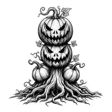 Spooky Stacked Jack-o-Lanterns with Twisted Roots and Vines - Halloween Ill.. 스톡 일러스트