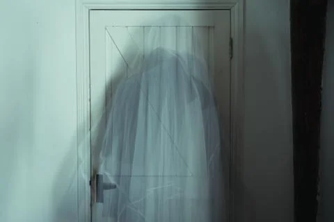 A spooky, transparent blurred ghost floating through a wooden door Stock Photos