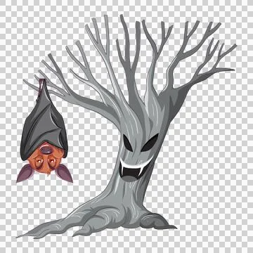 Spooky tree with ghostly face and hanging orange creature Ilustración de archivo