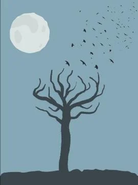 Spooky tree shape, birds taking off and full moon. Scary place. 스톡 일러스트