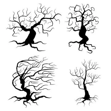 Spooky trees set vector illustration. Halloween black plants collection isola Stock Illustration