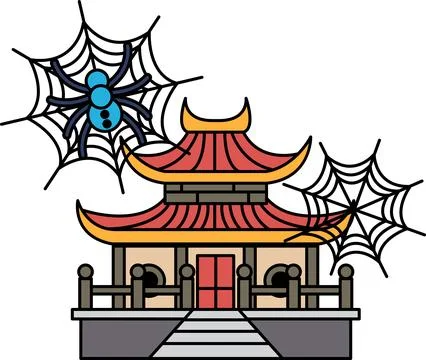 Spooky web hangs over ancient temple Ilustração Stock