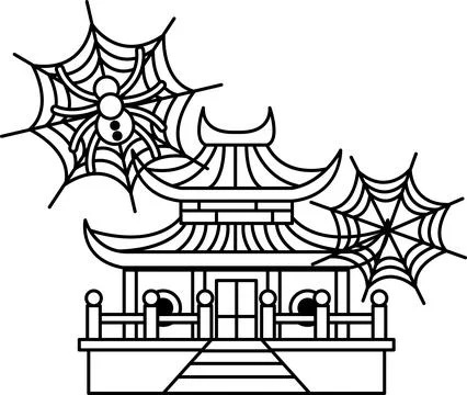 Spooky web hangs over ancient temple Ilustração Stock