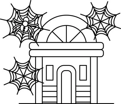Spooky webs hang above a simple house Stock Illustration