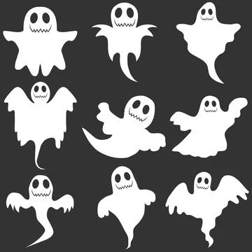 Spooky white ghosts silhouettes set isolated on black background halloween Stock Illustration