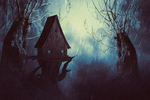 Spooky Witch House in Mist Stock Illustration