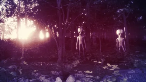 Spooky woods at night with a menacing group of Roswell-style grey aliens Vídeos de archivo 311111366