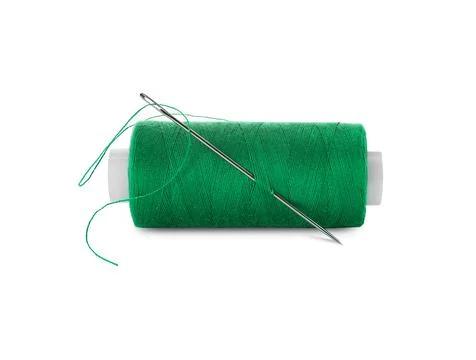Spool of green sewing thread with needle isolated on white Stock Photos
