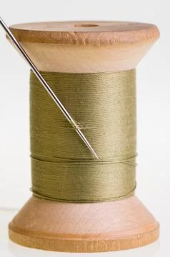 Spool of green thread with a needle Stock-Fotos