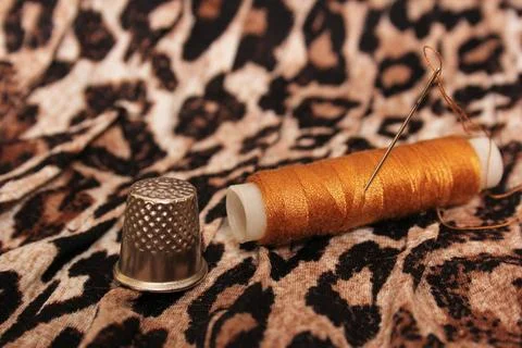 Spool of Tan Thread on Leopard Print Fabric Stock Photos