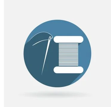 Spool of thread and needle. circle blue icon with shadow. Ilustração Stock