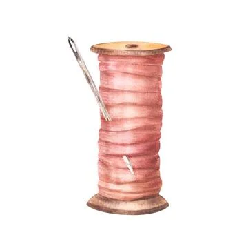 Spool of thread and needle, ribbon in pastel color. Handicraft. Hand drawn Stockillustratie