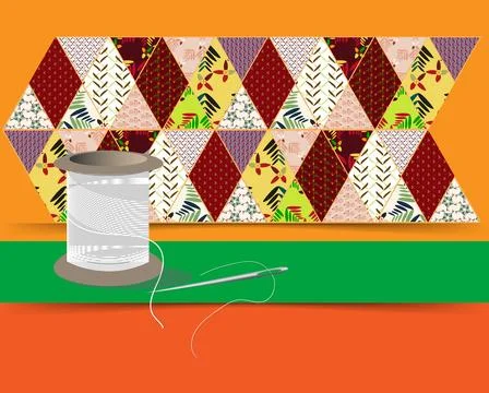 A spool of thread, a needle as tools for making patchwork, which hangs on the Stock-Illustration