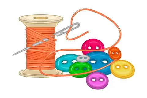 Spool of thread with sewing needle and clothing buttons. Stock Illustration