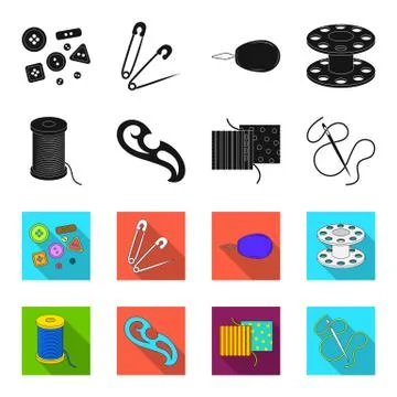 A spool with threads, a needle, a curl, a seam on the fabric.Sewing or tailoring Stock Illustration