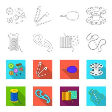 A spool with threads, a needle, a curl, a seam on the fabric.Sewing or tailoring Stock Illustration