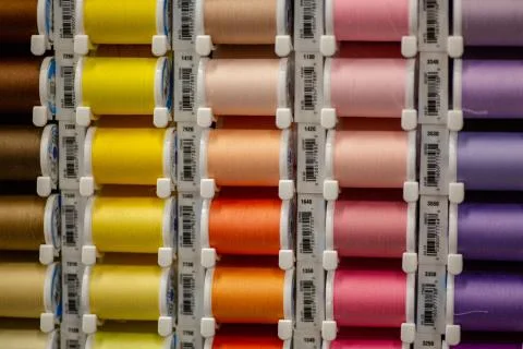 Spools of sewing string at the local craft store Foto stock