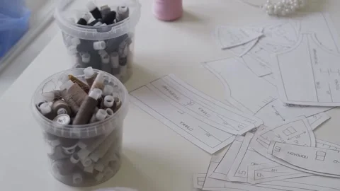 Spools of thread and pieces of paper Stock Footage 159881363