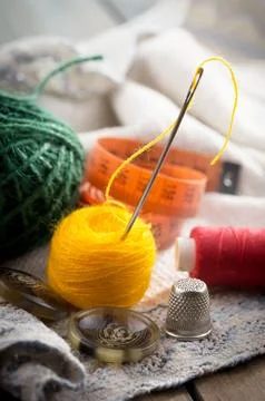 Spools of thread, needles Stock Photos
