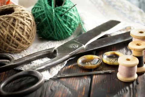 Spools of thread, needles Stock Photos