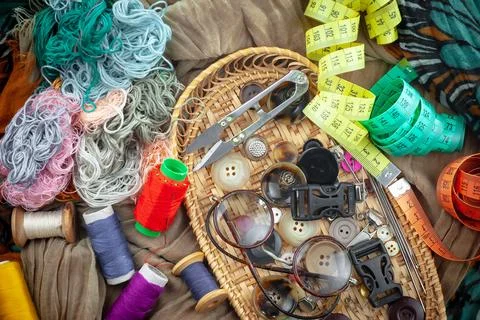 Spools of thread, needles Stock Photos