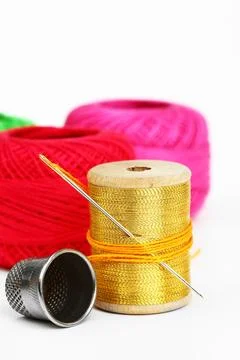 Spools of thread, needles Foto stock