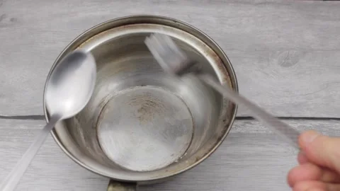 Spoon and fork and empty plate.Plate metal bowl hunger.Hunger concept. Stock-Footage 194955493