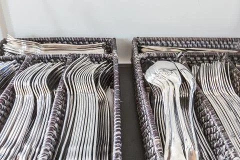 Spoon and fork in the basket Stock Photos