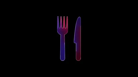 Spoon and fork icon with blue neon effect Stock Footage 299566317