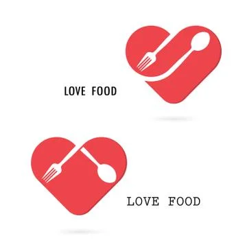 Spoon and fork logo with red heart shape vector design element.Love food logo Stock Illustration