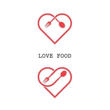 Spoon and fork logo with red heart shape vector design element.Love food logo Stock Illustration