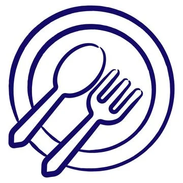 Spoon and fork on a plate. Simple contour vector icon of the menu, restaurant Illustrazione stock