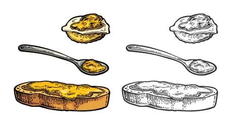 Spoon and slice of bread with honey. Vector vintage engraving Illustrazione stock