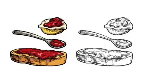 Spoon and slice of bread with jam. Vector vintage engraving Stock Illustration