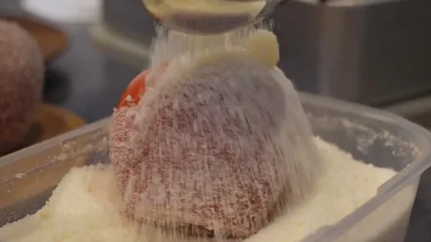 Spoon coating a candy apple with sugar in slow motion Stock Footage 345292703