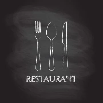 Spoon, fork and knife flat icons. Restaurant emblem template  Stock Illustration