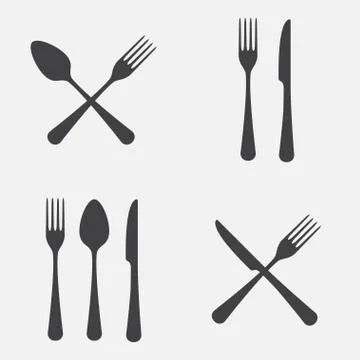 Spoon, fork and knife icon set. Vector illustration in flat style. Stock Illustration