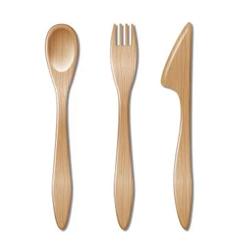 Spoon, fork and knife isolated on white background. Set of wooden cutlery, spoon Stock Illustration