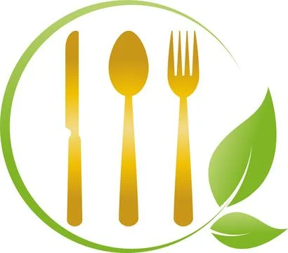 Spoon, fork, knife and leaves, restaurant logo, vegan logo Stock Illustration