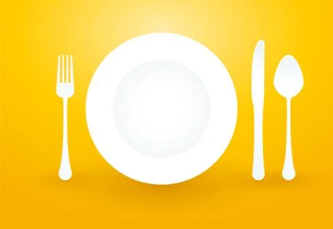 Spoon fork knife and plate on yellow background Stock Illustration