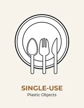 Spoon, fork, knife, plate. Single-use plastic cutlery. Vector illustration se Stock Illustration