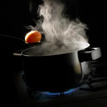 SPOON HOLDING BOILED EGG OVER PAN OF BOILING WATER WITH RISING STEAM SIMMERIN Foto stock