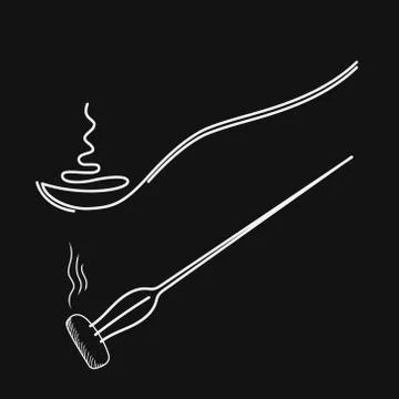 Spoon with hot food, drawing one line. Fork with a piece of hot food. Stock Illustration